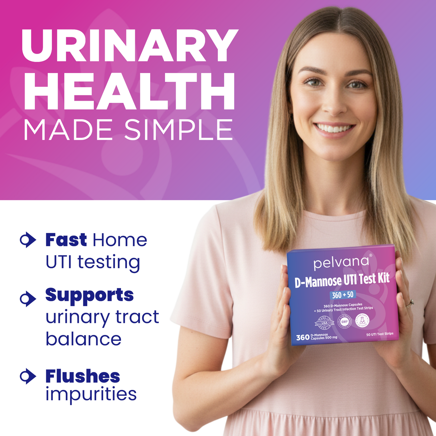 Pelvana D-Mannose UTI Kit for Women - 360 Capsules + 50 UTI Tests