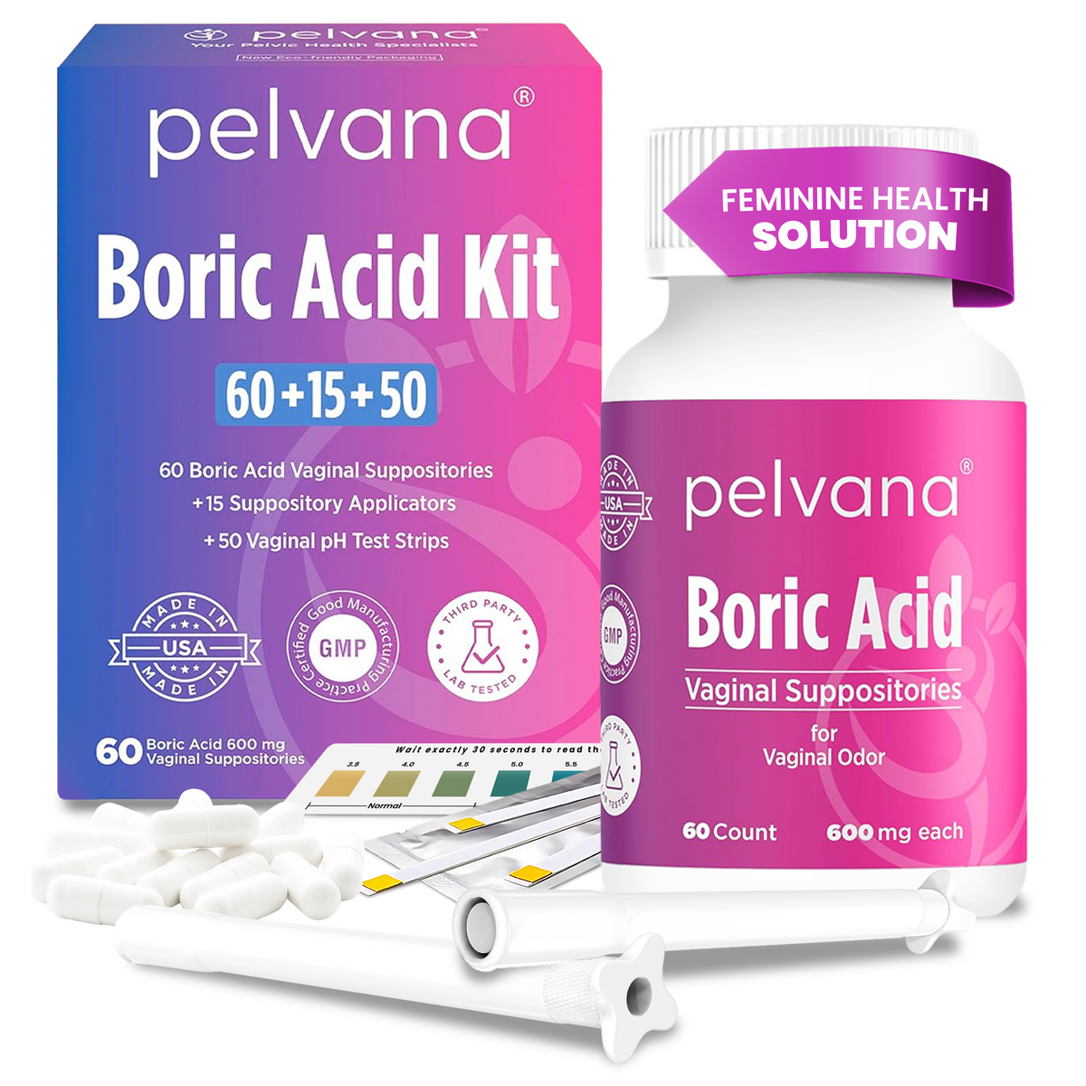 Pelvana Boric Acid Suppositories - 60 Count + 15 Applicators + 50 pH Tests - Case Packs
