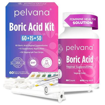 Pelvana Boric Acid Suppositories - 60 Count + 15 Applicators + 50 pH Tests - Case Packs