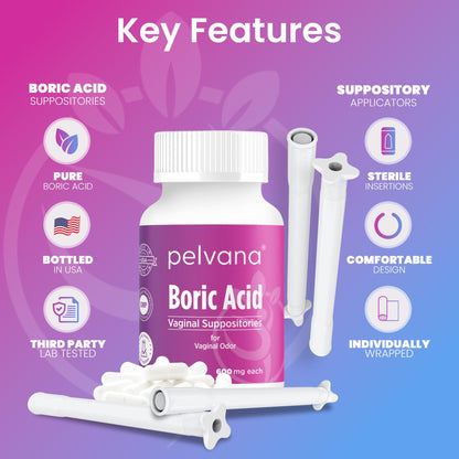 Pelvana Boric Acid Suppositories for Women - 30 Count + 7 Applicators