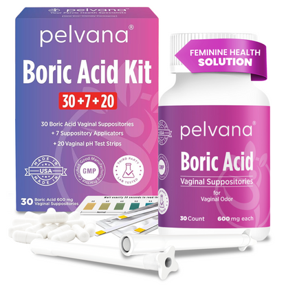 Pelvana Boric Acid Suppositories - 30 Count + 7 Applicators + 20 pH Tests - Case Packs