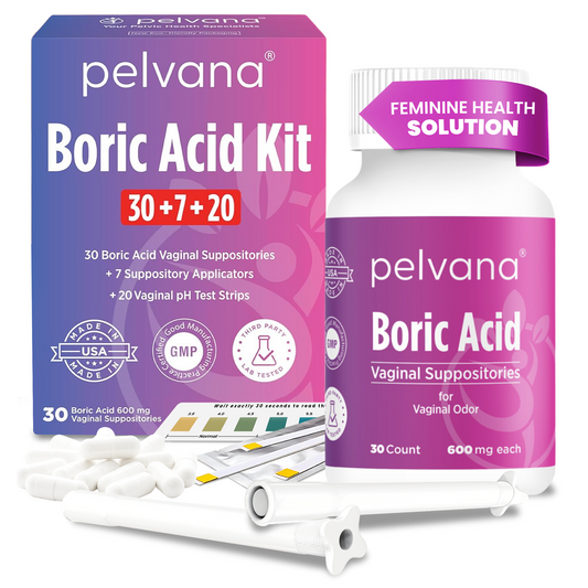 Pelvana Boric Acid Suppositories - 30 Count + 7 Applicators + 20 pH Tests - Case Packs