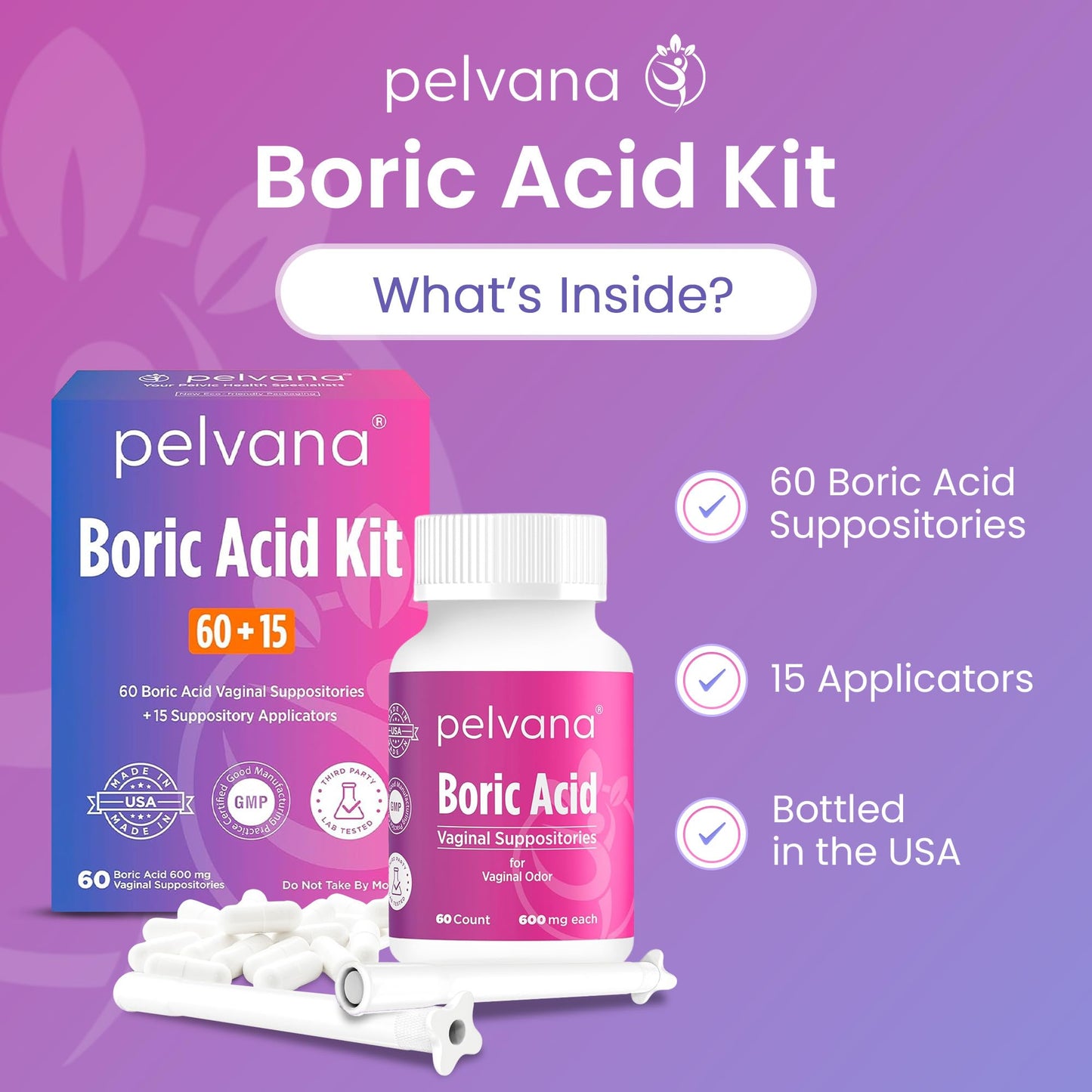 Pelvana Boric Acid Suppositories for Women - 60 Count + 15 Applicators