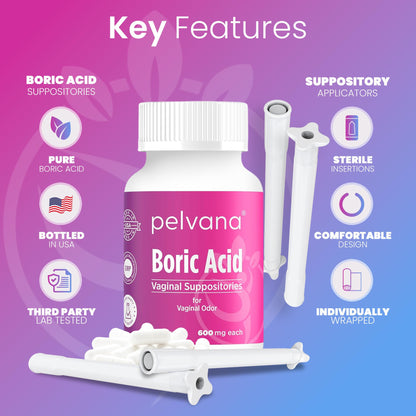 Pelvana Boric Acid Suppositories for Women - 60 Count + 15 Applicators