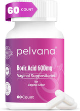 Load image into Gallery viewer, Pelvana Boric Acid Suppositories for Women 60 Count - for Vaginal Odor &amp; Freshness, Feminine Hygiene &amp; Wellness - Third-Party Lab Verified &amp; Bottled in The USA - Feminine Health Odor Solution
