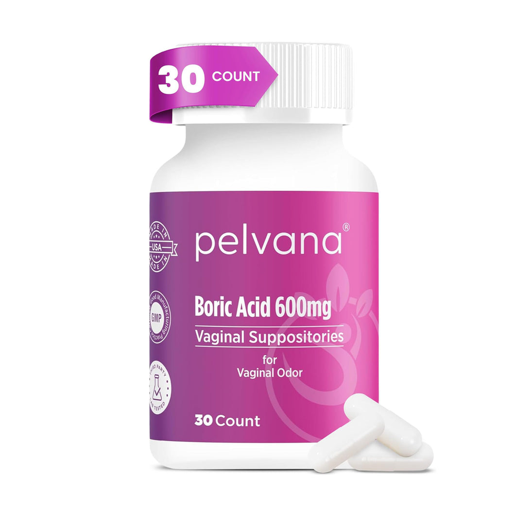 Pelvana Boric Acid Suppositories for Women 30 Count - for Vaginal Odor & Freshness, Feminine Hygiene & Wellness - Third-Party Lab Verified & Bottled in The USA - Feminine Health Odor Solution
