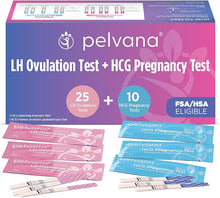 Load image into Gallery viewer, Pelvana Pregnancy and Ovulation Test Strips Combo Kit - 25 LH Fertility Test Strips + 10 Pregnancy HCG Checker Kits - Identify Your Peak Fertility Days - Easy at Home Ovulation Tests (35 Piece Kit)
