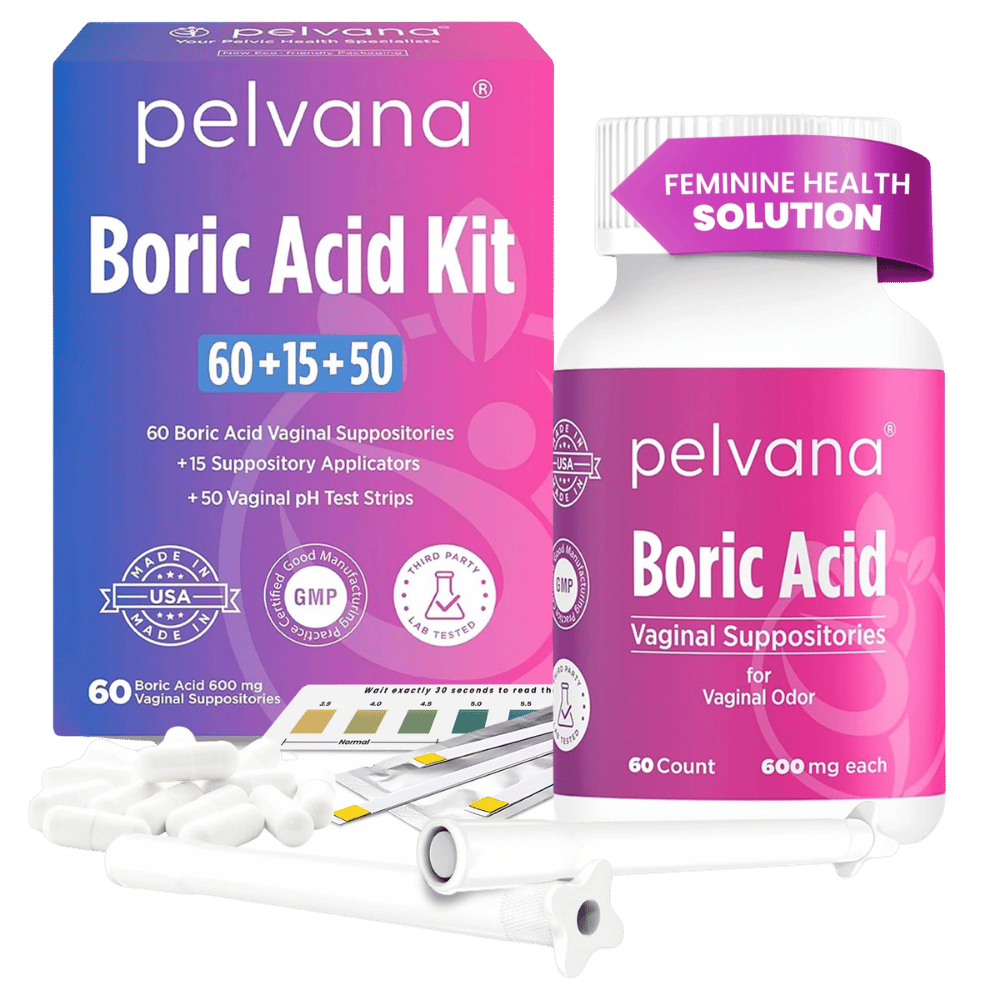 Pelvana Boric Acid Suppositories - 60 Count + 15 Applicators + 50 pH Tests