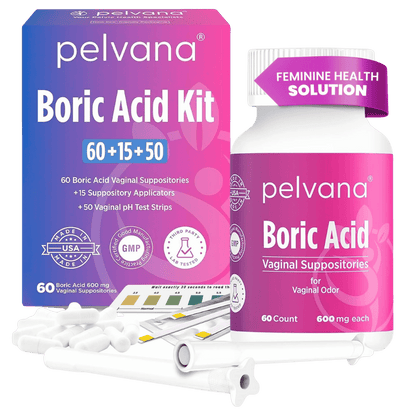 Pelvana Boric Acid Suppositories - 60 Count + 15 Applicators + 50 pH Tests