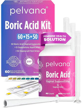 Load image into Gallery viewer, Pelvana Boric Acid Suppositories for Women - Boric Acid Pills, Vaginal Suppositories, Vagina Pills for Odor, 60 Suppositories, 15 Applicators, 50 pH Test Strips, Boric Acid for Women - (125 Piece Kit)

