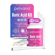 Load image into Gallery viewer, Pelvana Boric Acid Suppositories for Women - Boric Acid Pills, Vaginal Suppositories, Vagina Pills for Odor, 60 Suppositories, 15 Applicators, 50 pH Test Strips, Boric Acid for Women - (125 Piece Kit)
