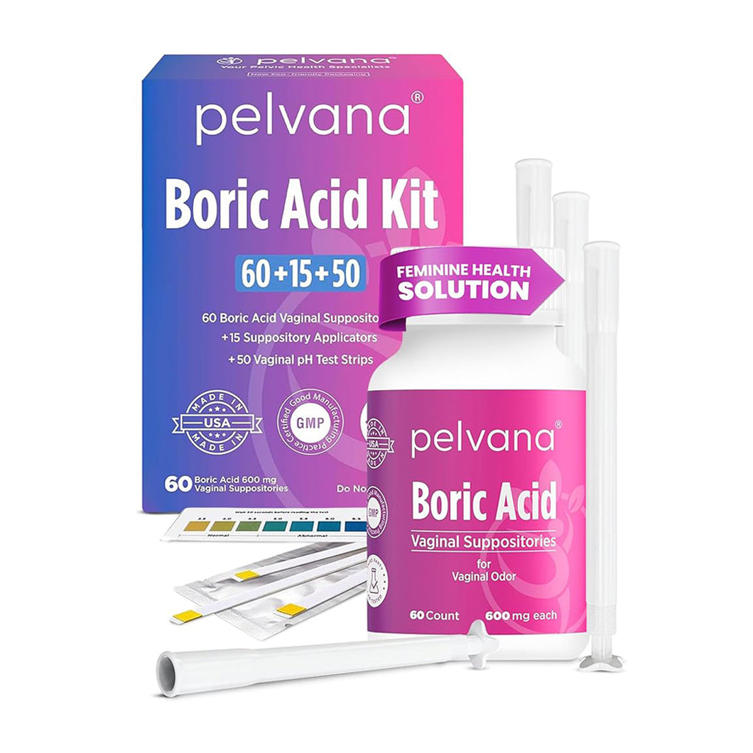 Pelvana Boric Acid Suppositories for Women - Boric Acid Pills, Vaginal Suppositories, Vagina Pills for Odor, 60 Suppositories, 15 Applicators, 50 pH Test Strips, Boric Acid for Women - (125 Piece Kit)