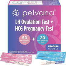 Load image into Gallery viewer, Pelvana Pregnancy and Ovulation Test Strips Combo Kit - 50 LH Fertility Test Strips + 20 Pregnancy HCG Checker Kits - Identify Your Peak Fertility Days - Easy at Home Ovulation Tests (70 Piece Kit)
