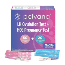 Load image into Gallery viewer, Pelvana Pregnancy and Ovulation Test Strips Combo Kit - 50 LH Fertility Test Strips + 20 Pregnancy HCG Checker Kits - Identify Your Peak Fertility Days - Easy at Home Ovulation Tests (70 Piece Kit)
