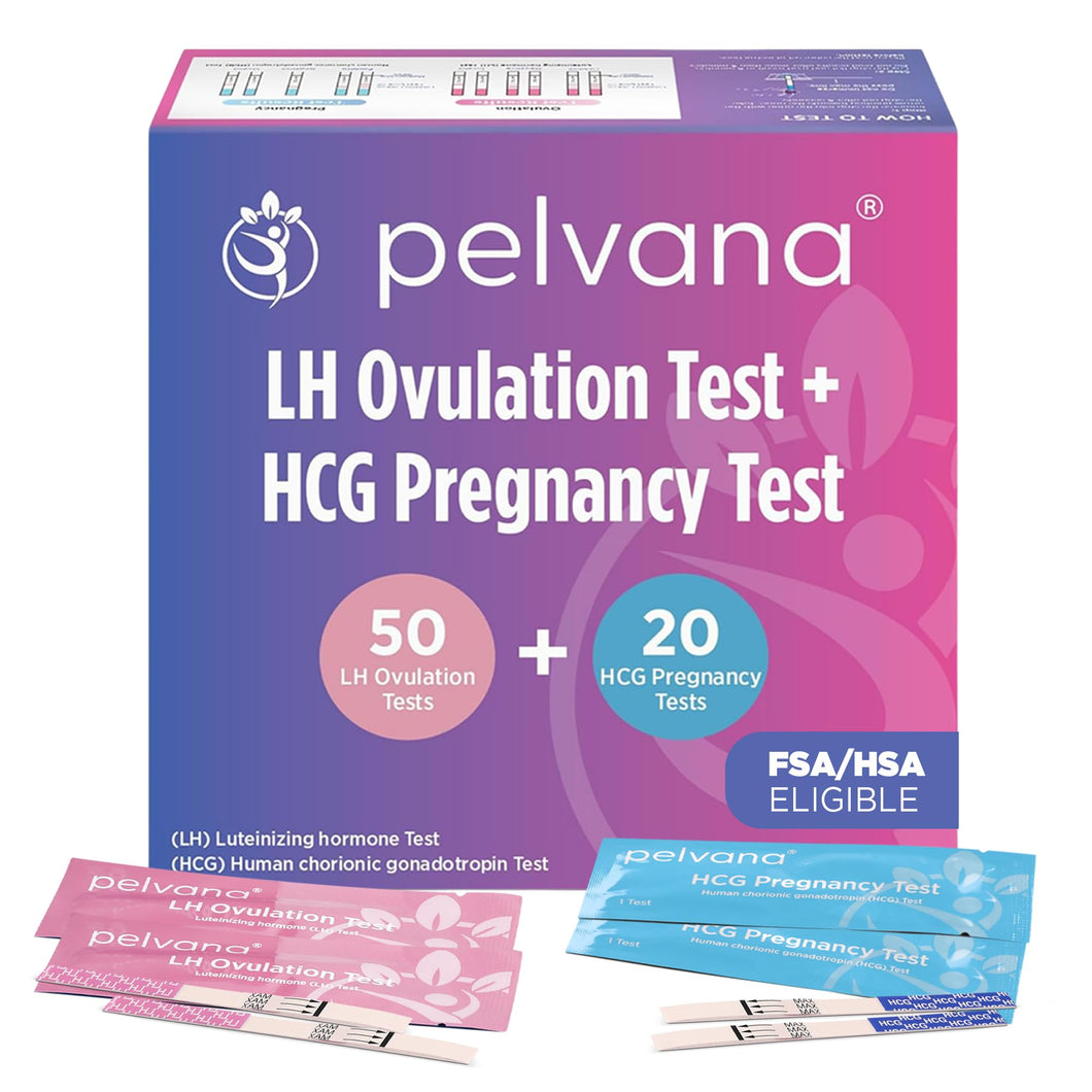 Pelvana Pregnancy and Ovulation Test Strips Combo Kit - 50 LH Fertility Test Strips + 20 Pregnancy HCG Checker Kits - Identify Your Peak Fertility Days - Easy at Home Ovulation Tests (70 Piece Kit)