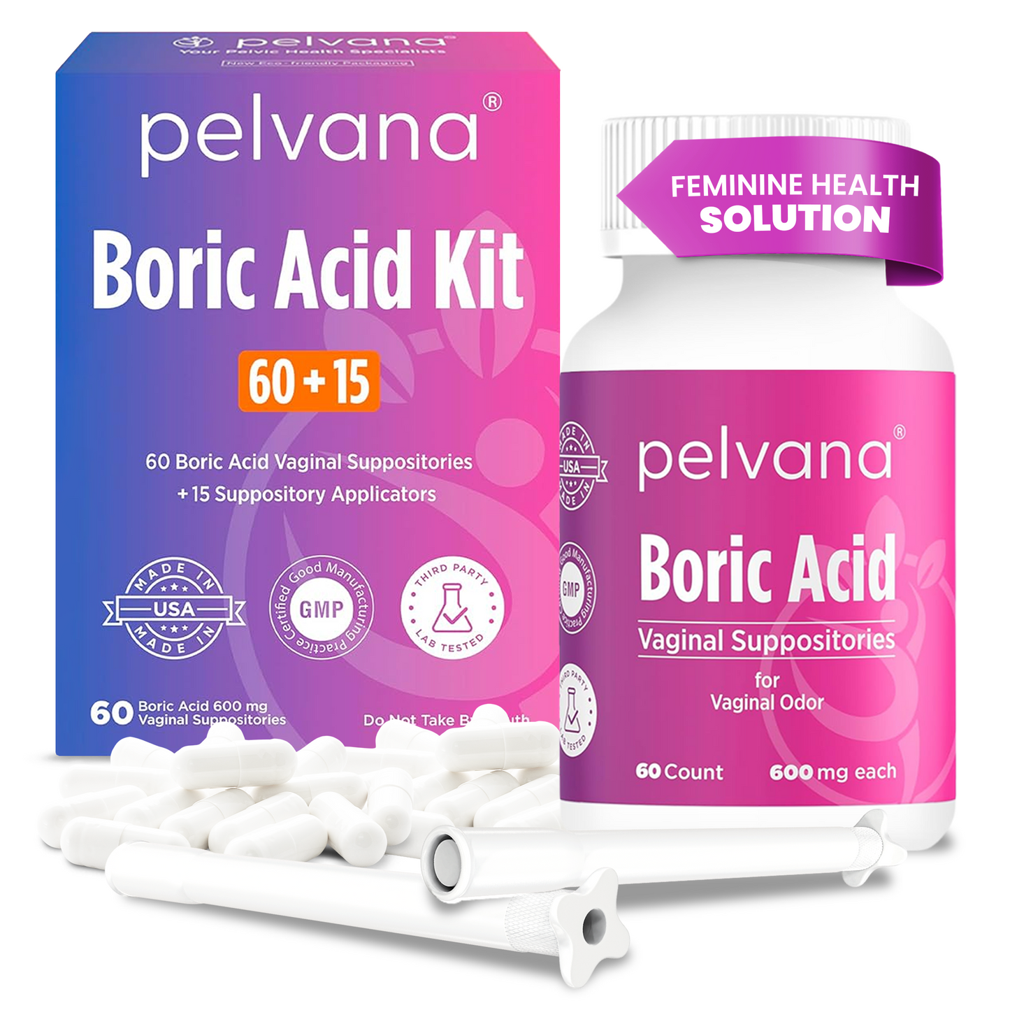 Pelvana Boric Acid Suppositories - 60 Count + 15 Applicators - Case Packs