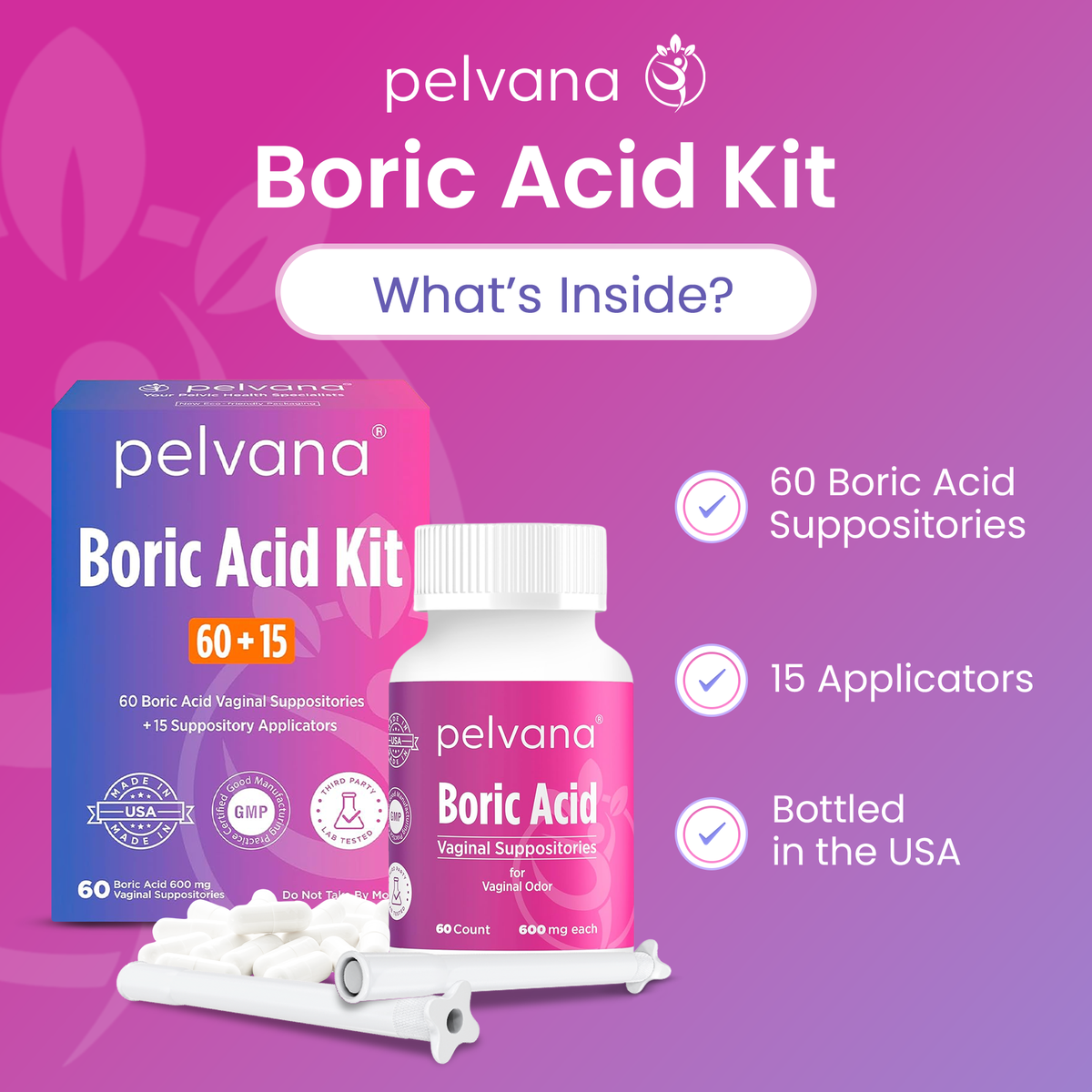 Pelvana Boric Acid Suppositories - 60 Count + 15 Applicators - Case Packs