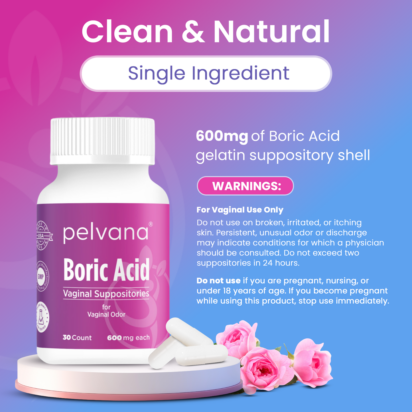 Pelvana Boric Acid Suppositories for Women - 30 Count