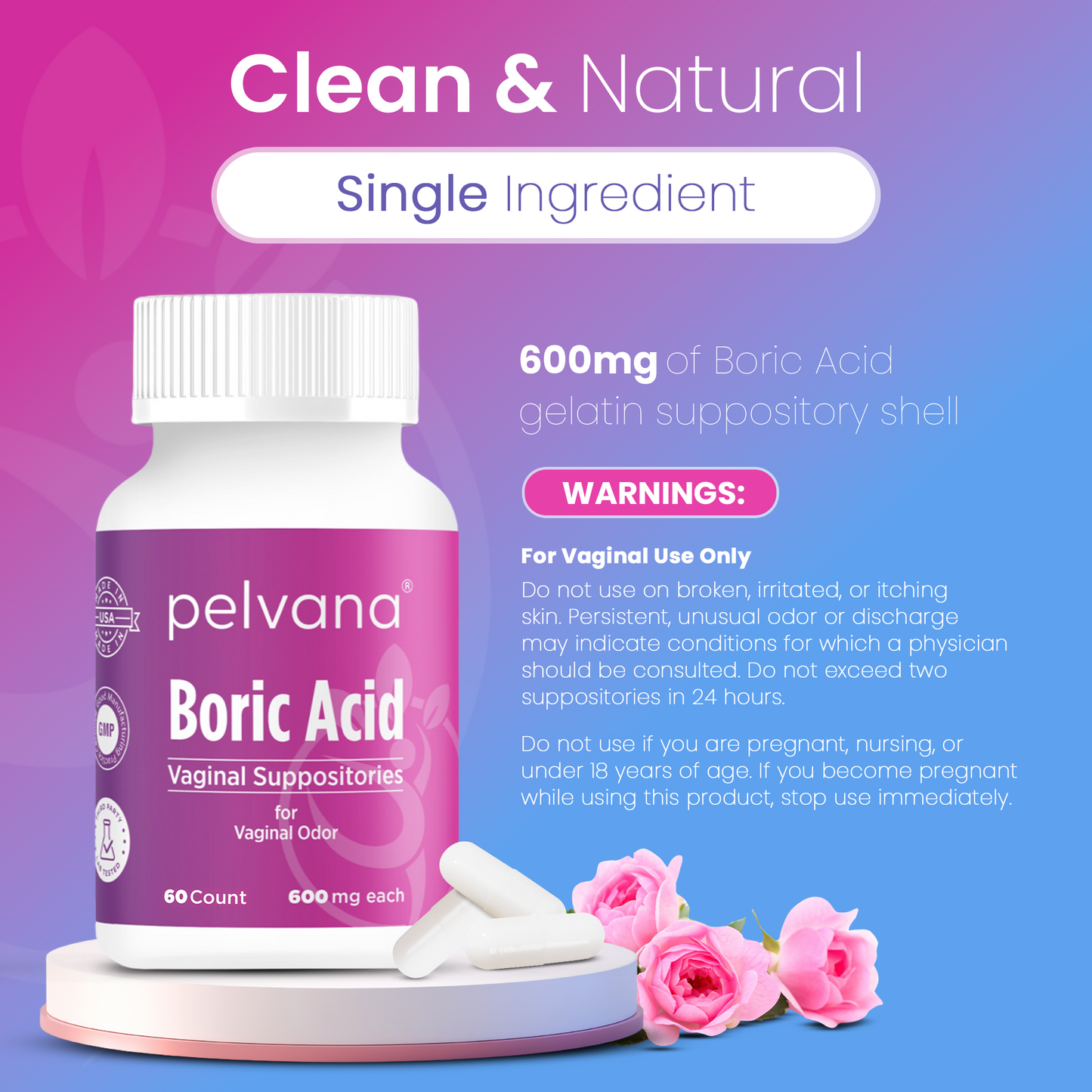 Pelvana Boric Acid Suppositories for Women - 60 Count