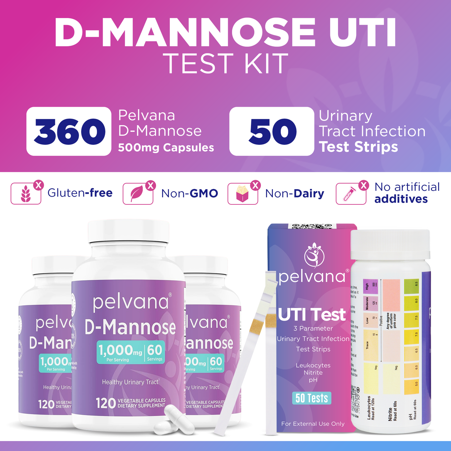 Pelvana D-Mannose UTI Kit for Women - 360 Capsules + 50 UTI Tests
